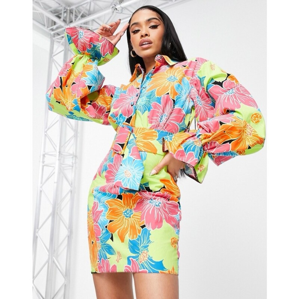 🤎 NWT ASOS LUXE Cotton Shirt Dress in Bright Floral Print - Size: 8